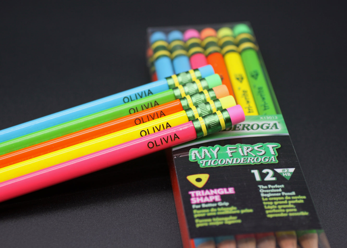 Personalized My First Tri-write Neon Ticonderoga #2 Pencils, 12 Pack, Large Diameter Pencils, Preschool, Pre-K3, Pre-K4, Engraved